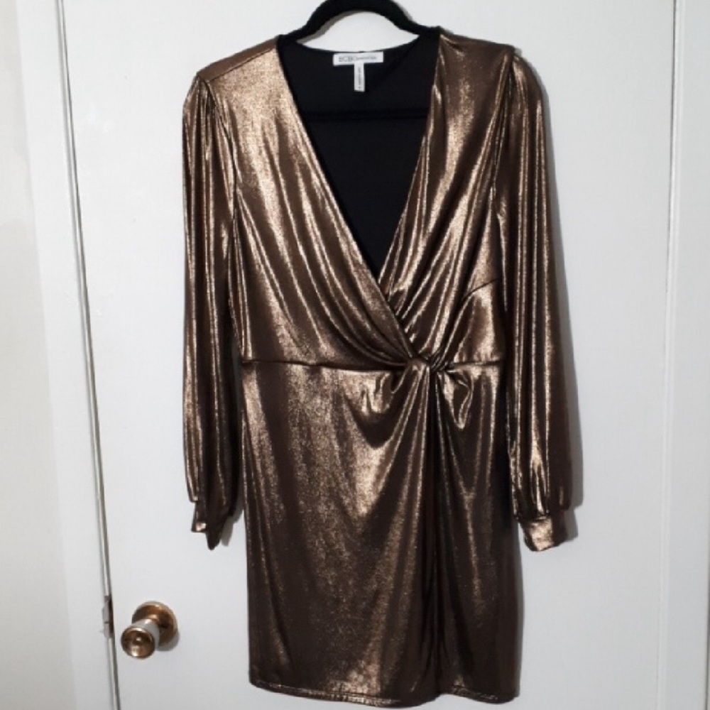 BCBGeneration Shimmering Bronze Long Sleeve Dress